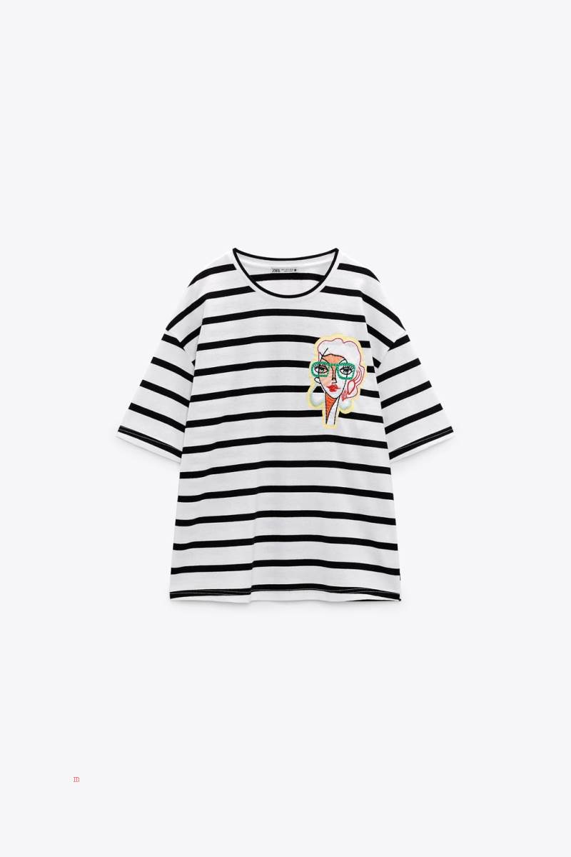 ZARA STRIPED WITH PATCH T-shirt Dam Stripes | ZTFIG-0956